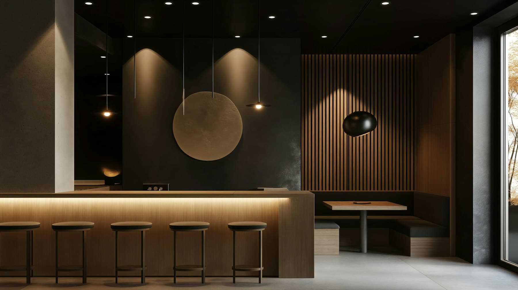 Barra de madera iluminada desde abajo, con taburetes y un disco decorativo en la pared